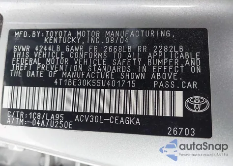 2005 Toyota Camry Xle z USA, uszkodzony, nr VIN 4T1BE30K55U401715